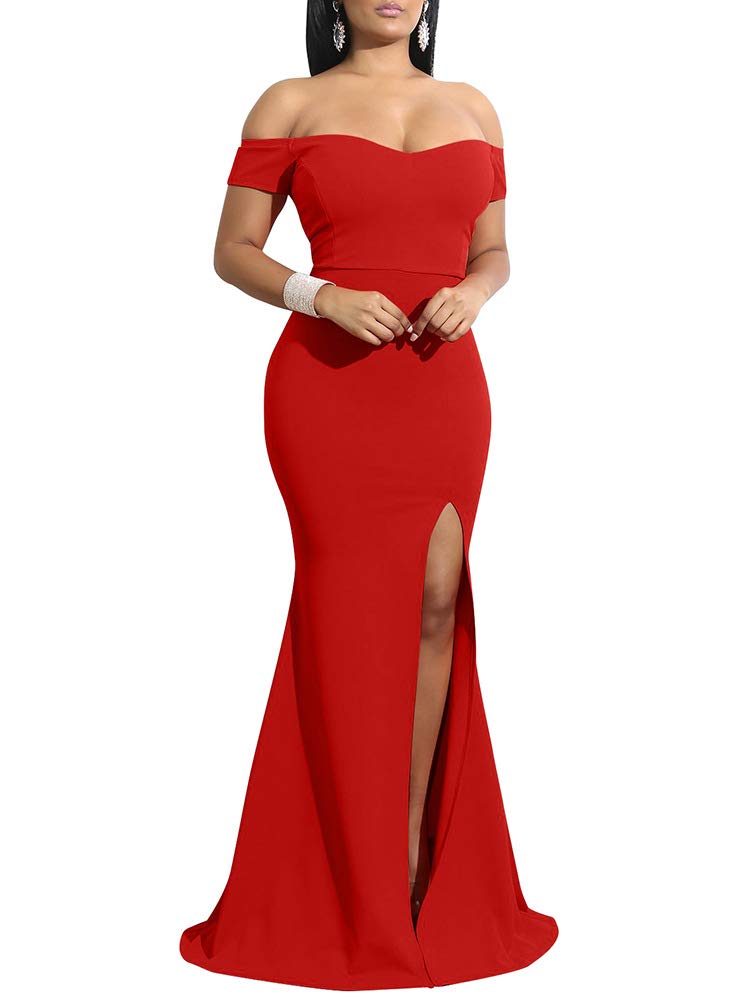 YMDUCH Women's Off Shoulder High Split Long Formal Party Dress Evening Gown Red - Image 1